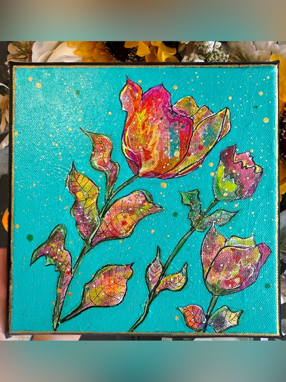 Original Hand-Painted Floral Canvas Art in Turquoise and Multicolor 8”x8”